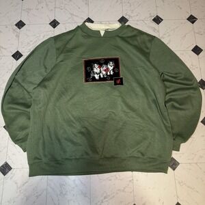 Green Cat Appliqué Crewneck Sweatshirt Men's XL Embroidered Graphic Pullover